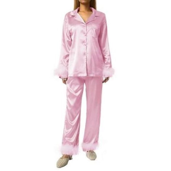 Silk Satin Pajama Set in Pink/White Size Large - Picture 4 of 10